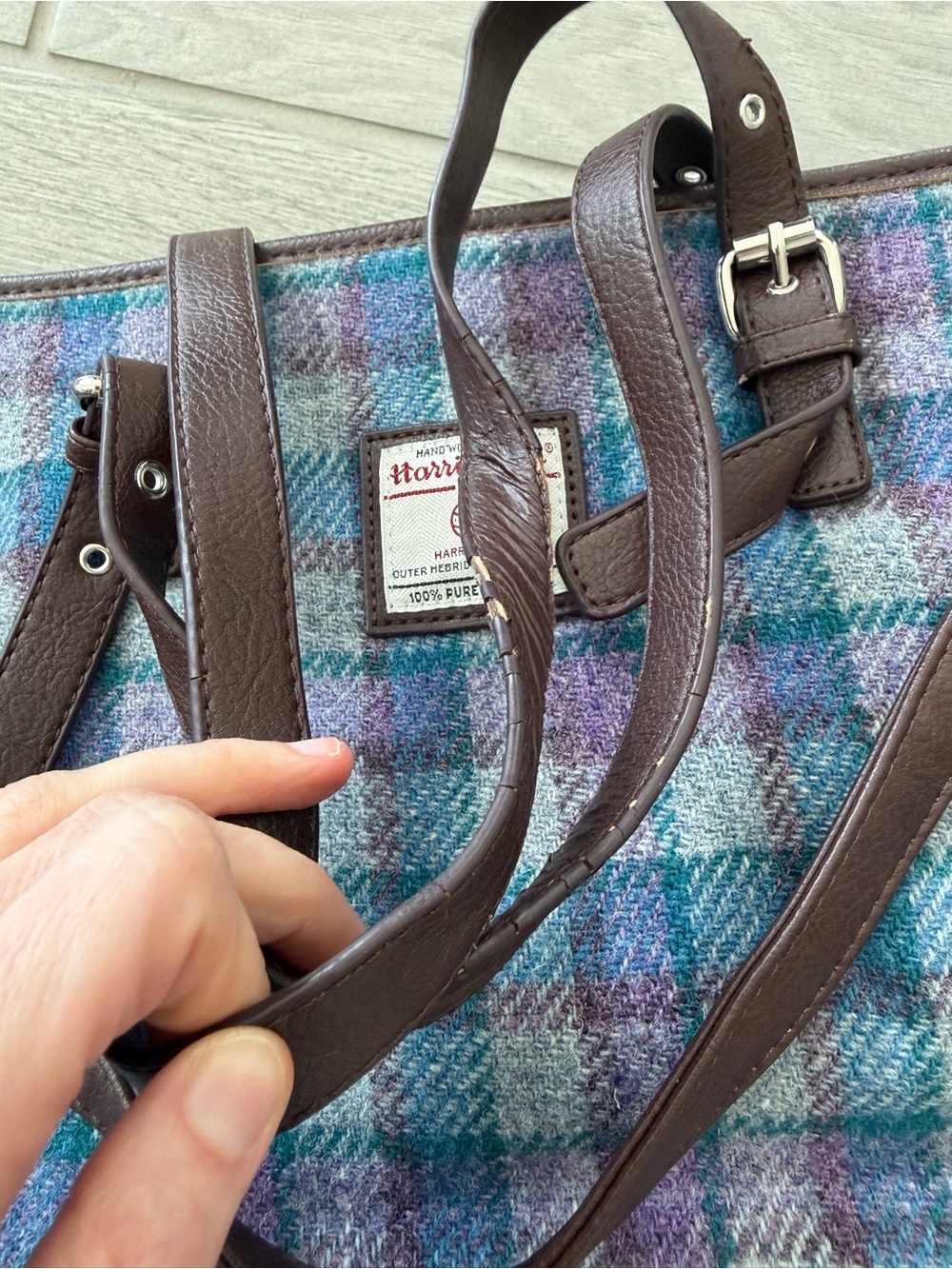 The Glen Appin Harris Tweed Classic Spey Tote Purple Teal Wool Bag GUC - Picture 11 of 14